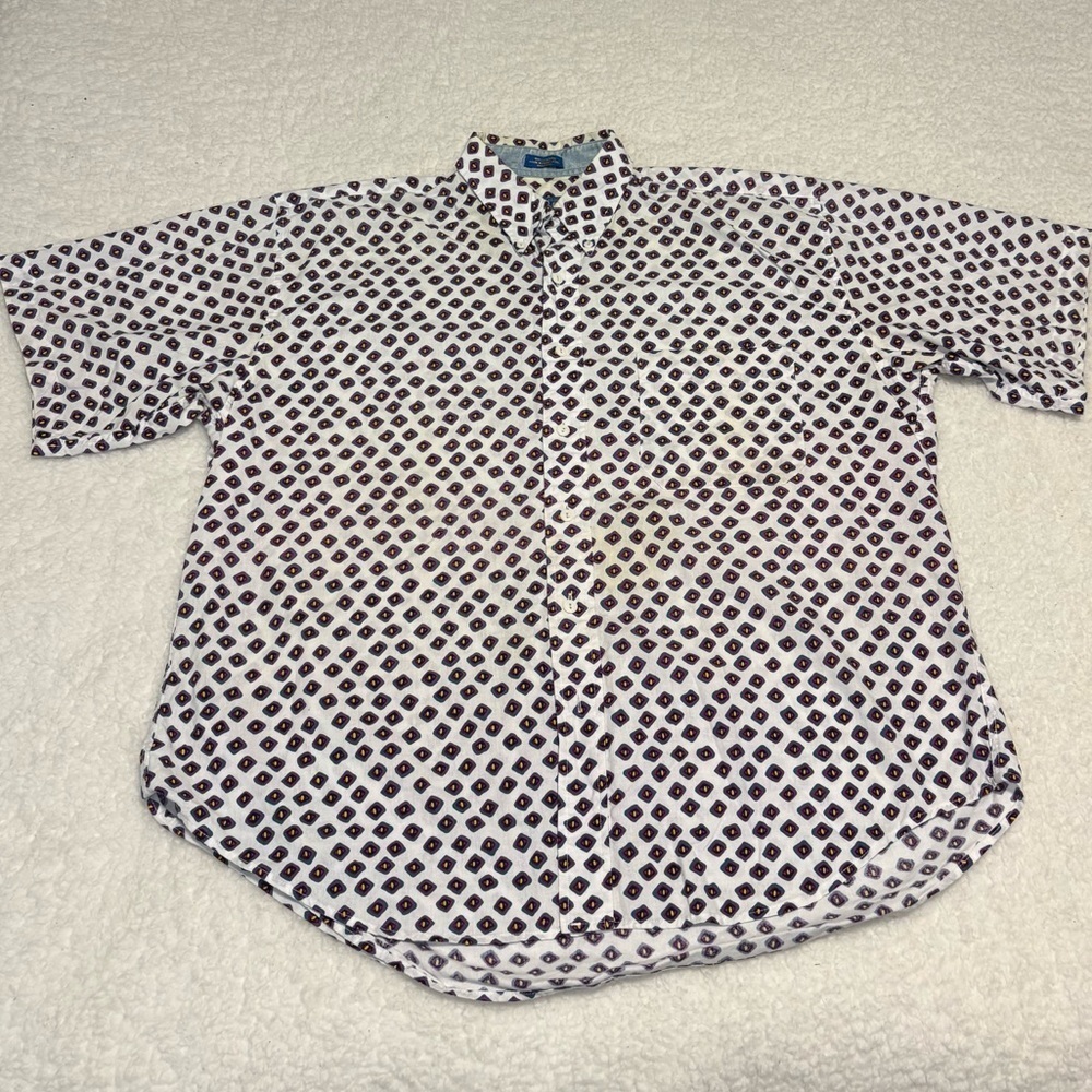 Pendleton Men Vintage White Geometric Short Sleeve Button Shirt